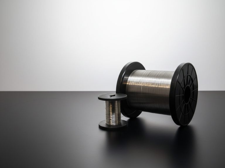 two black spools with flattened stainless steel wire on them